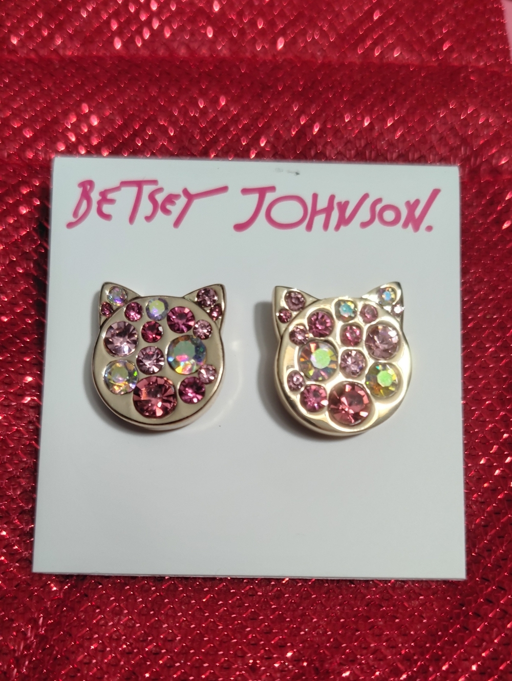 Betsey Johnson Gold Cat Face Earrings with Pink and Iridescent Crystals